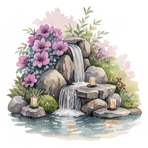 Watercolor painting of a tranquil waterfall with purple flowers and candles